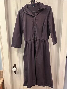 Lands End navy blue button front shirt dress size 2 with self-belt and POCKETS
